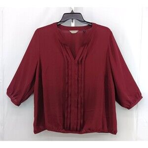 Anthology Blouse Women Size 22 Burgundy Split V Neck Pleated Casual Sheer Top